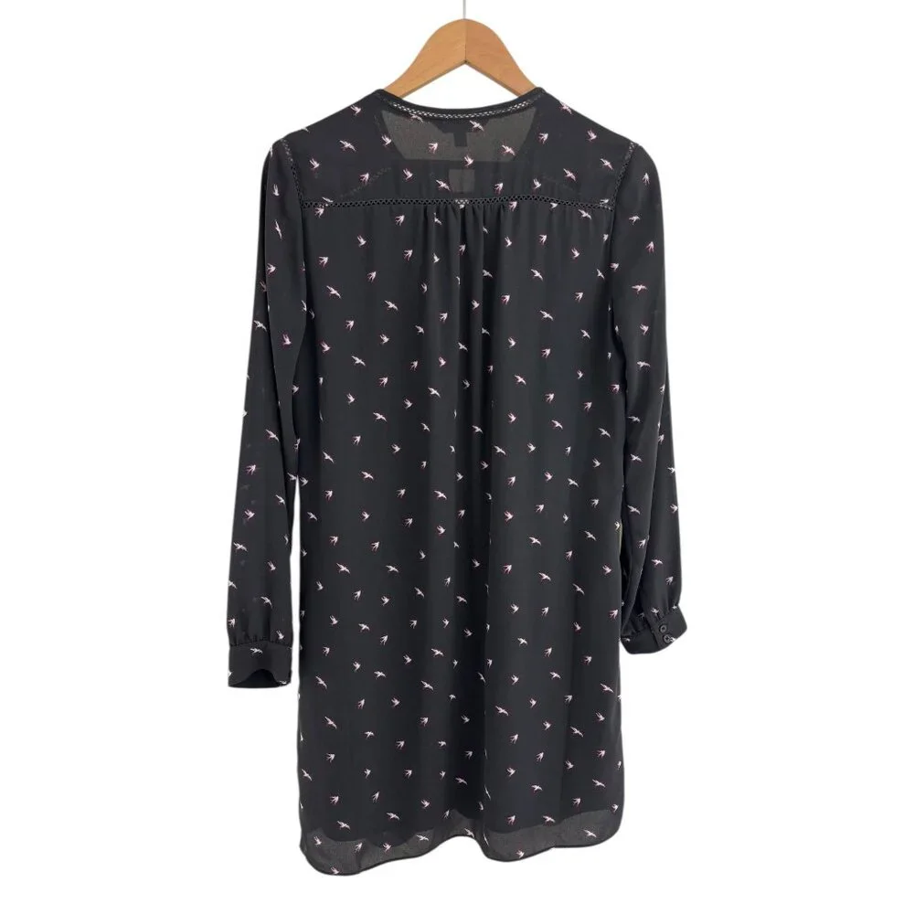 Banana‎ Republic Gray Ladder-Lace Bird Print Shift Dress Size S Chiffon Lined